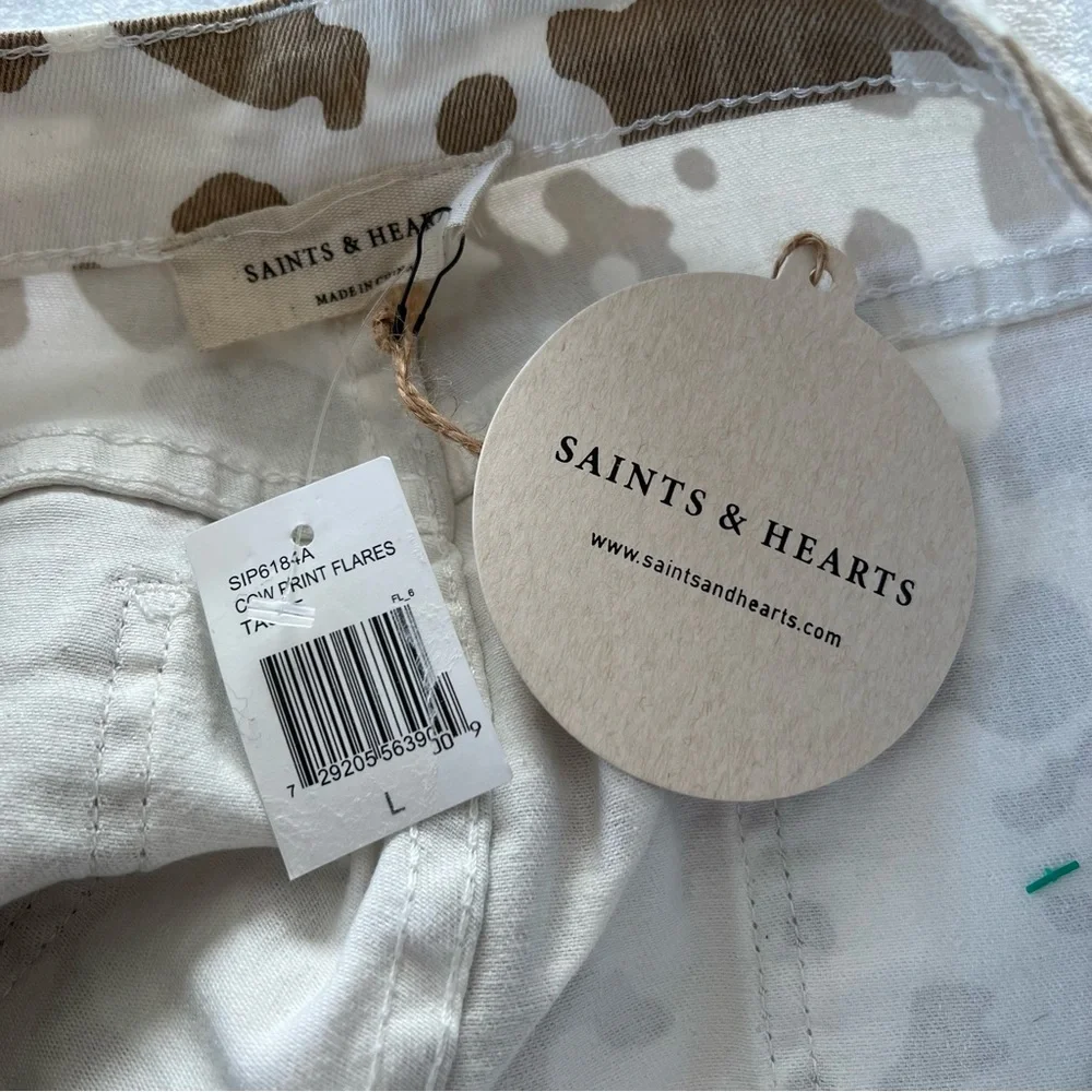 NWT Saints & Hearts Cow Print Flare Jeans in Taupe - Picture 5 of 10